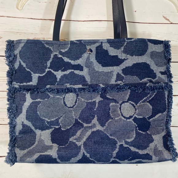SOLD Kate Spade NY Denim Floral Print Fringe Handbag or Tote Bag Large Satchel - Picture 5 of 10